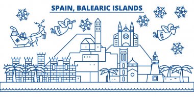 İspanya, Balear Adaları kış şehir manzarası. Mutlu Noeller, mutlu yeni yıl afiş Santa Claus.Winter tebrik satırı kartı ile dekore edilmiştir. Düz, anahat vektör. Doğrusal Noel kar illüstrasyon