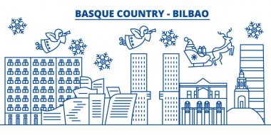 İspanya, Bilbao, Bask Ülkesi kış şehir manzarası. Mutlu Noeller, mutlu yeni yıl afiş Santa Claus.Winter tebrik satırı kartı ile dekore edilmiştir. Düz, anahat vektör. Doğrusal Noel kar illüstrasyon