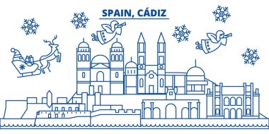 İspanya, Cadiz kış şehir manzarası. Mutlu Noeller, mutlu yeni yıl afiş Santa Claus.Winter tebrik satırı kartı ile dekore edilmiştir. Düz, anahat vektör. Doğrusal Noel kar illüstrasyon