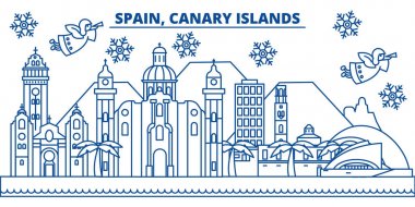 İspanya, Kanarya Adaları kış şehir manzarası. Mutlu Noeller, mutlu yeni yıl afiş Santa Claus.Winter tebrik satırı kartı ile dekore edilmiştir. Düz, anahat vektör. Doğrusal Noel kar illüstrasyon
