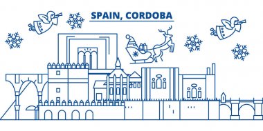 İspanya, Cordoba kış şehir manzarası. Mutlu Noeller, mutlu yeni yıl afiş Santa Claus.Winter tebrik satırı kartı ile dekore edilmiştir. Düz, anahat vektör. Doğrusal Noel kar illüstrasyon