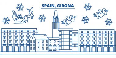 İspanya, Girona kış şehir manzarası. Mutlu Noeller, mutlu yeni yıl afiş Santa Claus.Winter tebrik satırı kartı ile dekore edilmiştir. Düz, anahat vektör. Doğrusal Noel kar illüstrasyon