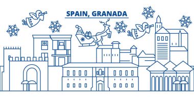 İspanya, Granada kış şehir manzarası. Mutlu Noeller, mutlu yeni yıl afiş Santa Claus.Winter tebrik satırı kartı ile dekore edilmiştir. Düz, anahat vektör. Doğrusal Noel kar illüstrasyon
