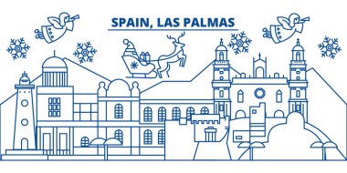 İspanya, Las Palmas kış şehir manzarası. Mutlu Noeller, mutlu yeni yıl afiş Santa Claus.Winter tebrik satırı kartı ile dekore edilmiştir. Düz, anahat vektör. Doğrusal Noel kar illüstrasyon