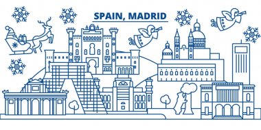İspanya, Madrid kış şehir manzarası. Mutlu Noeller, mutlu yeni yıl afiş Santa Claus.Winter tebrik satırı kartı ile dekore edilmiştir. Düz, anahat vektör. Doğrusal Noel kar illüstrasyon