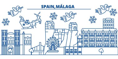 Ýspanya, Malaga, Andalusia kış şehir manzarası. Mutlu Noeller, mutlu yeni yıl afiş Santa Claus.Winter tebrik satırı kartı ile dekore edilmiştir. Düz, anahat vektör. Doğrusal Noel kar illüstrasyon