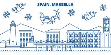 İspanya, Marbella kış şehir manzarası. Mutlu Noeller, mutlu yeni yıl afiş Santa Claus.Winter tebrik satırı kartı ile dekore edilmiştir. Düz, anahat vektör. Doğrusal Noel kar illüstrasyon