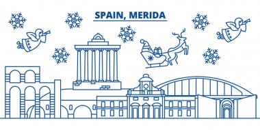 İspanya, Merida kış şehir manzarası. Mutlu Noeller, mutlu yeni yıl afiş Santa Claus.Winter tebrik satırı kartı ile dekore edilmiştir. Düz, anahat vektör. Doğrusal Noel kar illüstrasyon