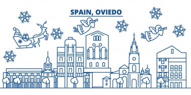 İspanya, Oviedo kış şehir manzarası. Mutlu Noeller, mutlu yeni yıl afiş Santa Claus.Winter tebrik satırı kartı ile dekore edilmiştir. Düz, anahat vektör. Doğrusal Noel kar illüstrasyon