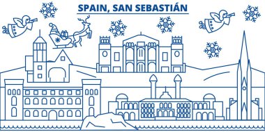 İspanya, San Sebastian kış şehir manzarası. Mutlu Noeller, mutlu yeni yıl afiş Santa Claus.Winter tebrik satırı kartı ile dekore edilmiştir. Düz, anahat vektör. Doğrusal Noel kar illüstrasyon