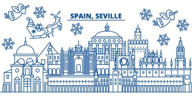 İspanya, Seville kış şehir manzarası. Mutlu Noeller, mutlu yeni yıl afiş Santa Claus.Winter tebrik satırı kartı ile dekore edilmiştir. Düz, anahat vektör. Doğrusal Noel kar illüstrasyon