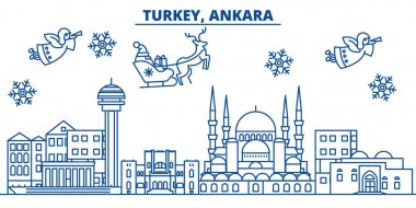 Türkiye, Ankara kış şehir manzarası. Mutlu Noeller, mutlu yeni yıl afiş Santa Claus.Winter tebrik satırı kartı ile dekore edilmiştir. Düz, anahat vektör. Doğrusal Noel kar illüstrasyon