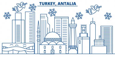 Türkiye, Antalia kış şehir manzarası. Mutlu Noeller, mutlu yeni yıl afiş Santa Claus.Winter tebrik satırı kartı ile dekore edilmiştir. Düz, anahat vektör. Doğrusal Noel kar illüstrasyon