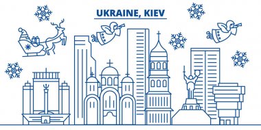 Ukrayna, Kiev kış şehir manzarası. Mutlu Noeller, mutlu yeni yıl afiş Santa Claus.Winter tebrik satırı kartı ile dekore edilmiştir. Düz, anahat vektör. Doğrusal Noel kar illüstrasyon