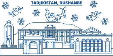Özbekistan, Duşanbe kış şehir manzarası. Mutlu Noeller, mutlu yeni yıl afiş Santa Claus.Winter tebrik satırı kartı ile dekore edilmiştir. Düz, anahat vektör. Doğrusal Noel kar illüstrasyon