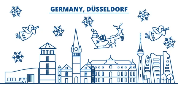 ドイツ、デュッセルドルフの冬の街のスカイライン。メリー クリスマス、新年あけましておめでとうございます、サンタ Claus.Winter カードのラインとバナーを装飾されています。フラットなアウトライン ベクトル。線形のクリスマス雪のイラスト — ストックベクタ
