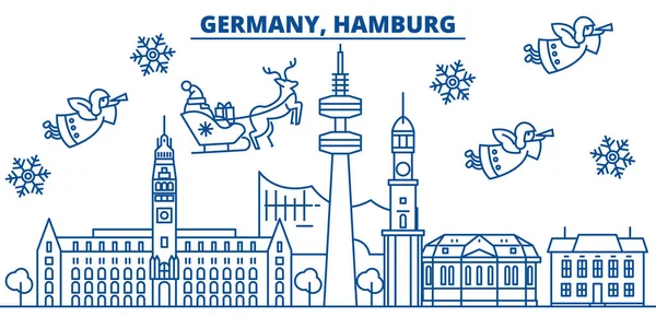 Deutschland, hamburg winter city skyline. Frohe Weihnachten, frohes neues Jahr geschmücktes Banner mit Weihnachtsmann claus.winter Grußlinie card.flat, outline vector.linear Christmas Snow Illustration — Stockvektor