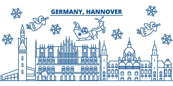 Németország, Hannover téli városára. Kellemes karácsonyi ünnepeket, boldog új évet banner díszített Santa Claus.Winter vonal üdvözlőlap. Lapos, szerkezeti vektor. Lineáris karácsonyi hó illusztráció — Stock Vector