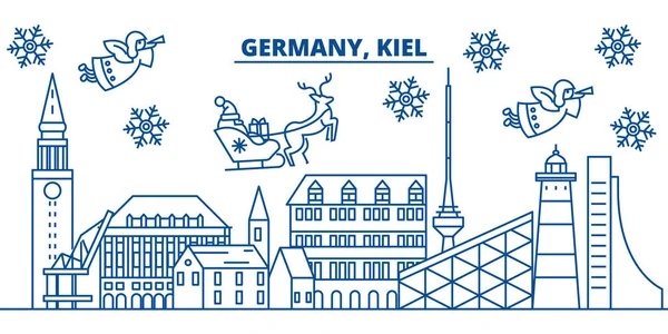 Németország, Kiel téli városára. Kellemes karácsonyi ünnepeket, boldog új évet banner díszített Santa Claus.Winter vonal üdvözlőlap. Lapos, szerkezeti vektor. Lineáris karácsonyi hó illusztráció — Stock Vector