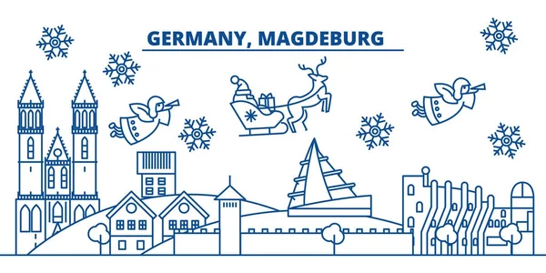 Németország, Magdeburg téli városára. Kellemes karácsonyi ünnepeket, boldog új évet banner díszített Santa Claus.Winter vonal üdvözlőlap. Lapos, szerkezeti vektor. Lineáris karácsonyi hó illusztráció — Stock Vector