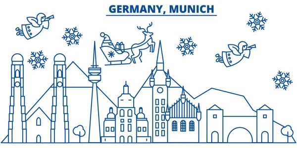 Alemania, Munich horizonte de la ciudad de invierno. Feliz Navidad, Feliz Año Nuevo decorado banner con Santa Claus.Winter tarjeta de la línea de saludo.Flat, vector.Linear esquema navidad nieve ilustración — Vector de stock