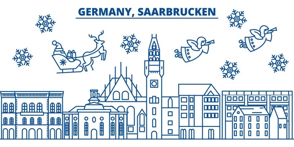 Németország, Saarbrücken téli városára. Kellemes karácsonyi ünnepeket, boldog új évet banner díszített Santa Claus.Winter vonal üdvözlőlap. Lapos, szerkezeti vektor. Lineáris karácsonyi hó illusztráció — Stock Vector