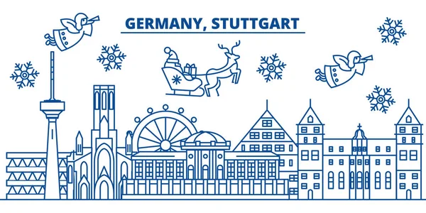 Alemania, Stuttgart horizonte de la ciudad de invierno. Feliz Navidad, Feliz Año Nuevo decorado banner con Santa Claus.Winter tarjeta de la línea de saludo.Flat, vector.Linear esquema navidad nieve ilustración — Vector de stock