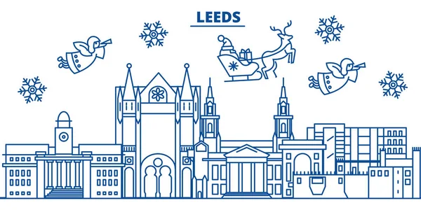 Gran Bretaña, el horizonte de Leeds Winter City. Feliz Navidad, Feliz Año Nuevo decorado banner con Santa Claus.Winter tarjeta de la línea de saludo.Flat, vector.Linear esquema navidad nieve ilustración — Vector de stock