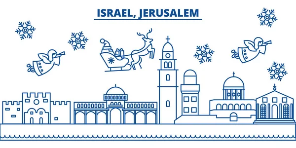 이스라엘, 예루살렘 겨울 도시의 스카이 라인입니다. 메리 크리스마스, 해피 뉴 산타 Claus.Winter 라인 카드 배너 장식. 평면, 개요 벡터입니다. 선형 크리스마스 눈 그림 — 스톡 벡터
