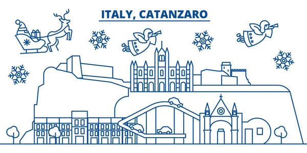 이탈리아, 카탄 겨울 도시의 스카이 라인입니다. 메리 크리스마스, 해피 뉴 산타 Claus.Winter 라인 카드 배너 장식. 평면, 개요 벡터입니다. 선형 크리스마스 눈 그림 — 스톡 벡터