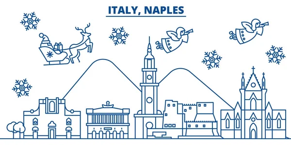 이탈리아, 나폴리 겨울 도시의 스카이 라인입니다. 메리 크리스마스, 해피 뉴 산타 Claus.Winter 라인 카드 배너 장식. 평면, 개요 벡터입니다. 선형 크리스마스 눈 그림 — 스톡 벡터