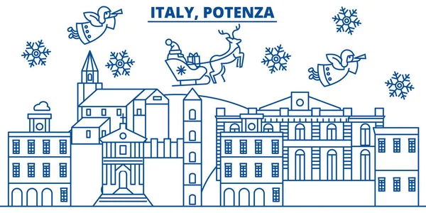 이탈리아 포 텐 차 겨울 도시의 스카이 라인입니다. 메리 크리스마스, 해피 뉴 산타 Claus.Winter 라인 카드 배너 장식. 평면, 개요 벡터입니다. 선형 크리스마스 눈 그림 — 스톡 벡터