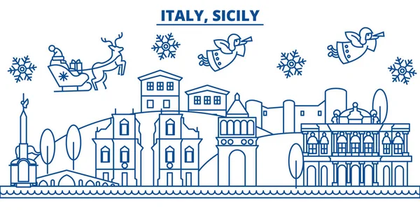 이탈리아, 시칠리아 겨울 도시의 스카이 라인입니다. 메리 크리스마스, 해피 뉴 산타 Claus.Winter 라인 카드 배너 장식. 평면, 개요 벡터입니다. 선형 크리스마스 눈 그림 — 스톡 벡터