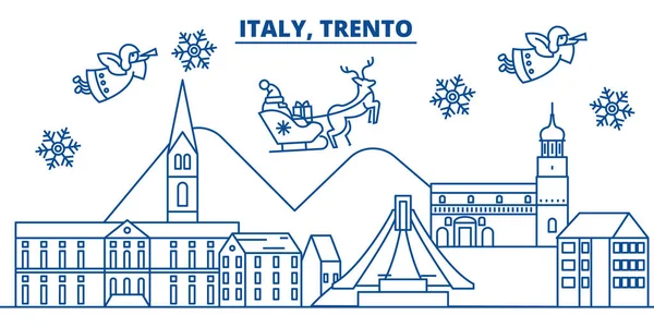 이탈리아, 트렌토 겨울 도시의 스카이 라인입니다. 메리 크리스마스, 해피 뉴 산타 Claus.Winter 라인 카드 배너 장식. 평면, 개요 벡터입니다. 선형 크리스마스 눈 그림 — 스톡 벡터