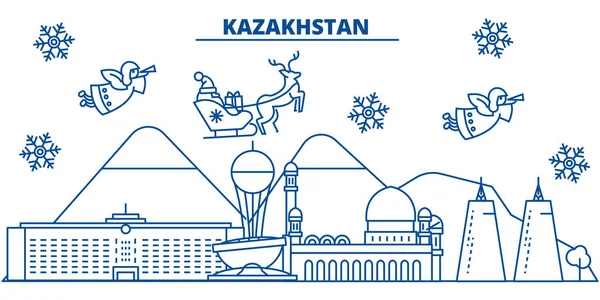 Kazajstán horizonte de la ciudad de invierno. Feliz Navidad, Feliz Año Nuevo decorado banner con Santa Claus.Winter tarjeta de la línea de saludo.Flat, vector.Linear esquema navidad nieve ilustración — Archivo Imágenes Vectoriales