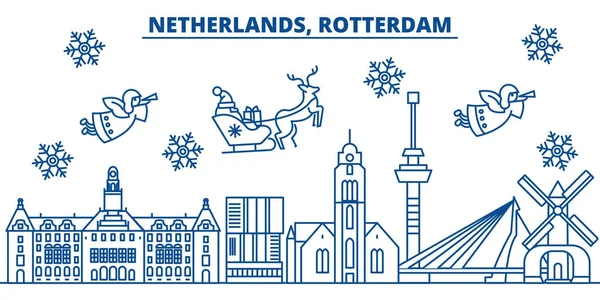 Nederländerna, Rotterdam vintern stadssilhuetten. God jul, gott nytt år dekorerad banner med Santa Claus.Winter gratulationskort linje. Platt, disposition vektor. Linjär jul snö illustration — Stock vektor