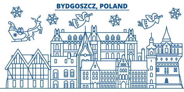 Πολωνία, Bydgoszcz χειμώνα ορίζοντα της πόλης. Καλά Χριστούγεννα, ευτυχισμένο το νέο έτος διακόσμηση πανό με Σάντα Claus.Winter γραμμή ευχετήρια κάρτα. Επίπεδη, διάνυσμα διάρθρωσης. Γραμμική απεικόνιση χιόνι Χριστούγεννα — Διανυσματικό Αρχείο