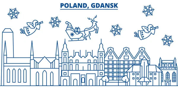 Lengyelország, Gdansk-téli városára. Kellemes karácsonyi ünnepeket, boldog új évet banner díszített Santa Claus.Winter vonal üdvözlőlap. Lapos, szerkezeti vektor. Lineáris karácsonyi hó illusztráció — Stock Vector