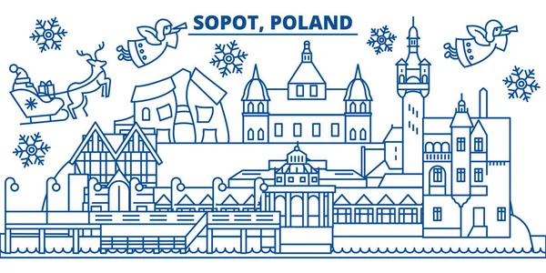 Στον ορίζοντα της πόλης χειμώνα Sopot, Πολωνία. Καλά Χριστούγεννα, ευτυχισμένο το νέο έτος διακόσμηση πανό με Σάντα Claus.Winter γραμμή ευχετήρια κάρτα. Επίπεδη, διάνυσμα διάρθρωσης. Γραμμική απεικόνιση χιόνι Χριστούγεννα — Διανυσματικό Αρχείο