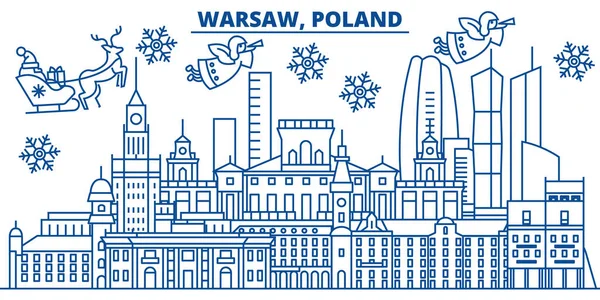 Polonia, Varsavia skyline città invernale. Buon Natale, Felice Anno Nuovo decorato banner con Babbo Natale Claus.Winter biglietto di auguri linea .Flat, contorno vector.Linear Natale neve illustrazione — Vettoriale Stock