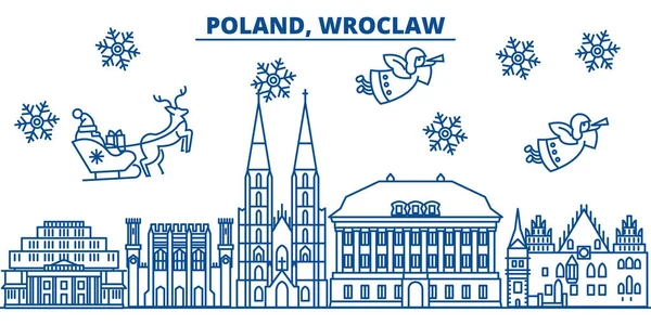 Polonya, Wroclaw kış şehir manzarası. Mutlu Noeller, mutlu yeni yıl afiş Santa Claus.Winter tebrik satırı kartı ile dekore edilmiştir. Düz, anahat vektör. Doğrusal Noel kar illüstrasyon — Stok Vektör