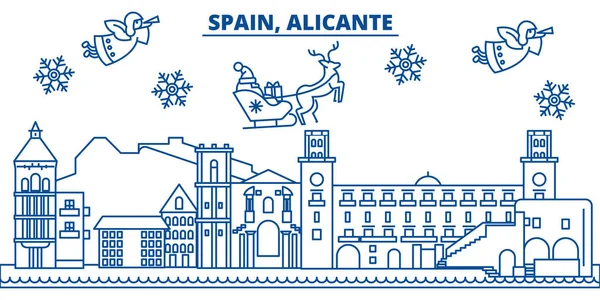 Španělsko, Alicante zimní městské panorama. Veselé Vánoce, šťastný nový rok zdobí nápis blahopřání řádku Santa Claus.Winter. Plochá, osnovy vektor. Lineární vánoční sníh ilustrace — Stockový vektor