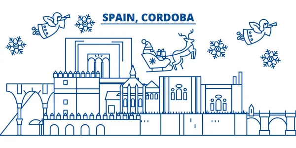 Spanyolország, Cordoba téli városára. Kellemes karácsonyi ünnepeket, boldog új évet banner díszített Santa Claus.Winter vonal üdvözlőlap. Lapos, szerkezeti vektor. Lineáris karácsonyi hó illusztráció — Stock Vector