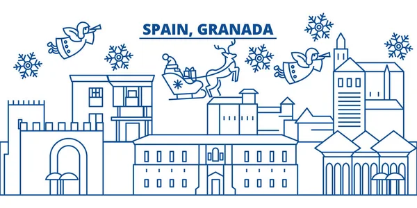 Spanien, Granada Winter City Skyline. Frohe Weihnachten, frohes neues Jahr geschmücktes Banner mit Weihnachtsmann claus.winter Grußlinie card.flat, outline vector.linear Christmas Snow Illustration — Stockvektor