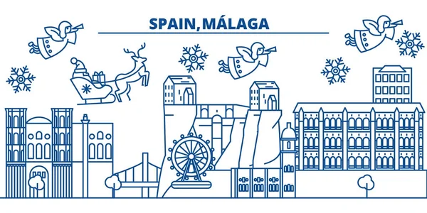 Espanha, Málaga, Andaluzia skyline cidade de inverno. Feliz Natal, Feliz Ano Novo decorado banner com Papai Noel. Inverno linha de saudação cartão. Flat, esboço vector.Linear Natal neve ilustração — Vetor de Stock