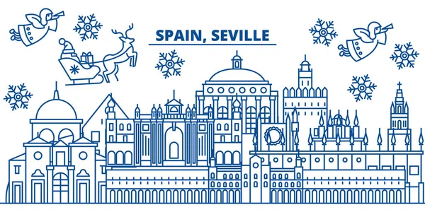 スペイン、セビリアの冬の街のスカイライン。メリー クリスマス、新年あけましておめでとうございます、サンタ Claus.Winter カードのラインとバナーを装飾されています。フラットなアウトライン ベクトル。線形のクリスマス雪のイラスト — ストックベクタ