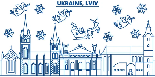 Ukrayna, Lviv kış şehir manzarası. Mutlu Noeller, mutlu yeni yıl afiş Santa Claus.Winter tebrik satırı kartı ile dekore edilmiştir. Düz, anahat vektör. Doğrusal Noel kar illüstrasyon — Stok Vektör