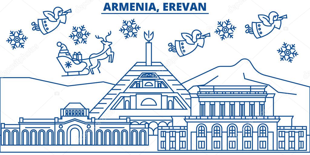 Armenia, Erevan winter city skyline. Merry Christmas, Happy New Year decorated banner with Santa Claus.Winter greeting line card.Flat, outline vector.Linear christmas snow illustration