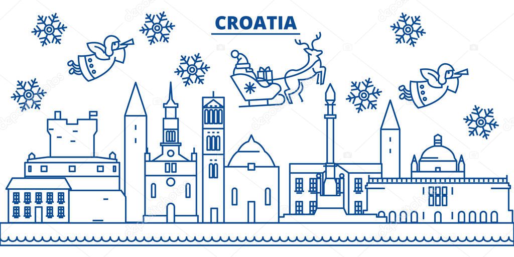 Croatia winter city skyline. Merry Christmas, Happy New Year decorated banner with Santa Claus.Winter greeting line card.Flat, outline vector.Linear christmas snow illustration