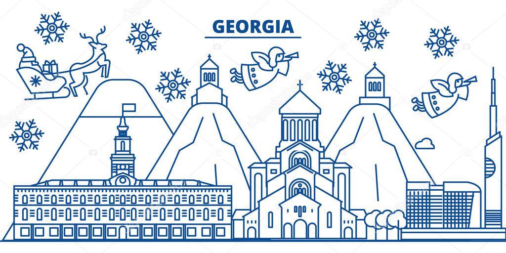 Georgia winter city skyline. Merry Christmas, Happy New Year decorated banner with Santa Claus.Winter greeting line card.Flat, outline vector.Linear christmas snow illustration